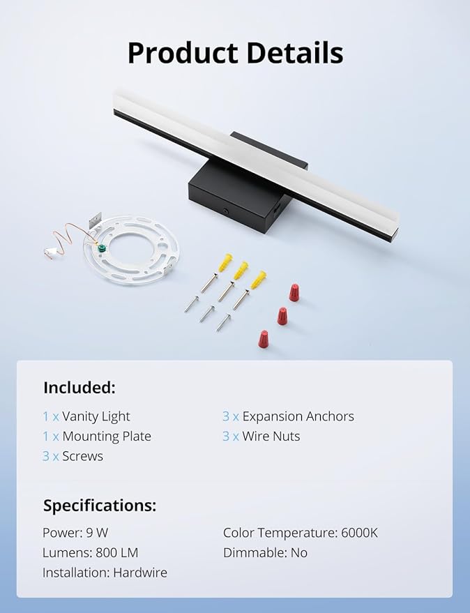 Combuh LED Bathroom Light Fixtures Over Mirror, 16 Inch 9W Black Vanity Light Bar for Bathroom, IP44 Modern Bath Wall Lighting Fixture Indoor Cool White 6000K