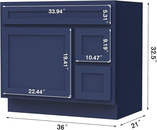 Vanity Art 36 Inch Single Shutter Door Bathroom Vanity Base Cabinet with 2 Functioning Shaker Drawers, Strudy Floor Mount Storage Cabinet Organizer for Bedroom, Living Room, Kitchen, VA4036-2RBLUE