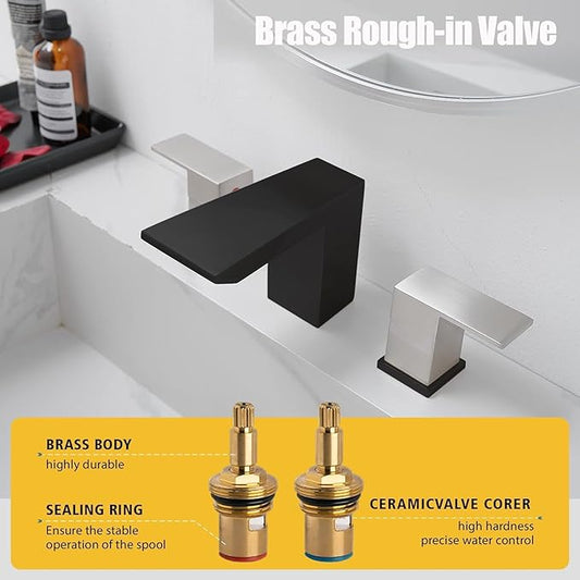 BESy Bathroom Faucet 3 Holes Two Handles Vanity Widespread 8 Inch Bathroom Sink Faucet, Waterfall Bathroom Sink Faucet with cUPC Supply Hoses, Pop Up Drain, Stainless Steel, Matte Black with Nickel