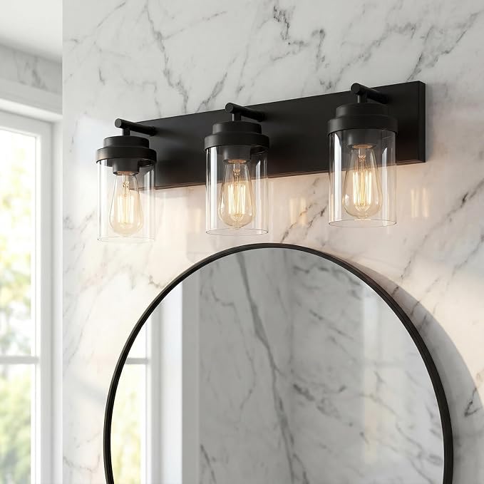 3-Light Bathroom Light Fixtures, Matte Black Vanity Lights | Modern Bathroom Lighting Fixtures Over Mirror, Vanity Lights for Bathroom, Mirror, Restroom, Bedroom, E26