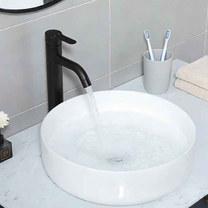 Vessel Sink Faucet Black, Single Handle Single Hole Rv Bathroom Faucet, Tall Lavatory Vanity Sink Faucets with Pop Up Drain and Two 3/8" Hoses