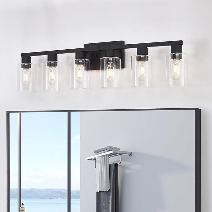 6 Light Bathroom Vanity Light, Matte Black Vanity Light Fixtures, Large Vanity Lights for Bathroom, Farmhouse Light Fixtures with Clear Glass Shade for Bathroom Over Mirror