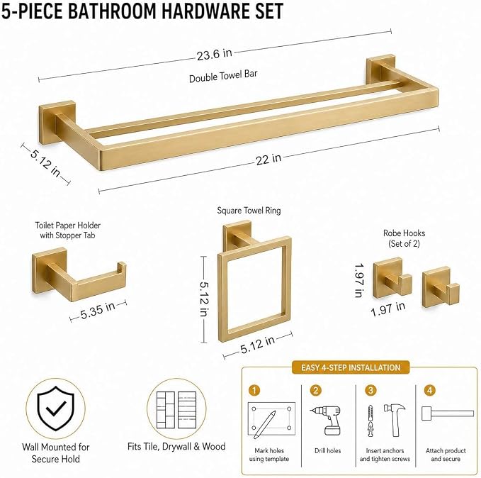 Luxury 5-Piece Bathroom Hardware Set, 23.6" Double Towel Bar & Wall Mounted Bathroom Accessories Set, SUS304 Stainless Steel Solid Metal Construction, Modern Square Design, Brushed Gold