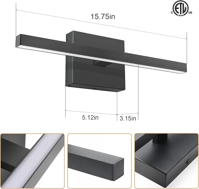 VOLISUN Modern Bathroom Vanity Light 15.7 inch, 12W Dimmable 5CCT Led Bathroom Light Fixture Over Mirror, Black Bar Vanity Light for Bathroom Mirror Cabinets Bedroom-ETL Certificated