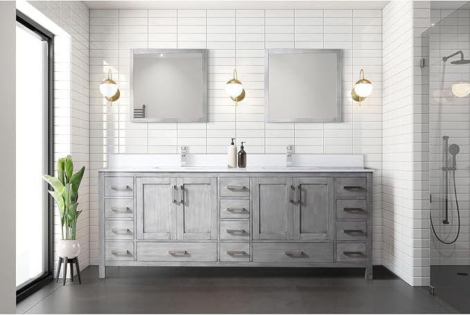 Jacques 84 in. W x 22 in. D Distressed Grey Double Bath Vanity and White Quartz Top
