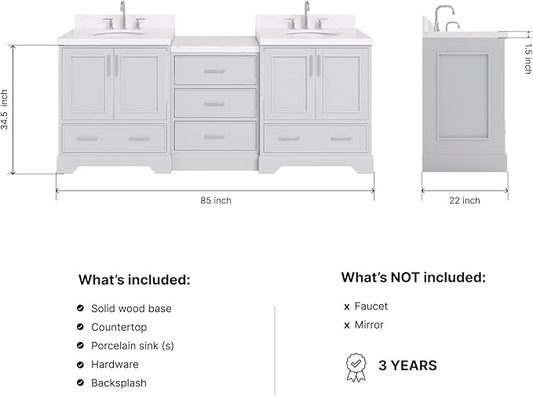 ARIEL Stafford 84-inch Bathroom Vanity with Sink,Solid Wood, 1.5in Carrara White Quartz Countertop & Backsplash, Double Oval Porcelain Sink, 4 Soft Closing Doors, 5 Dovetail Drawers, Grey