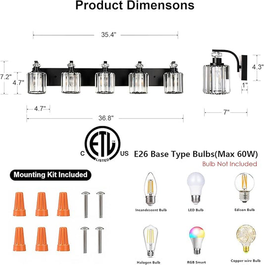 Black Bathroom Light Fixtures with K9 Crystal Lampshade Bathroom Lighting Over Mirror Vanity Lights for Living Room,Bedroom,Restroom,Hallway 5 Lights