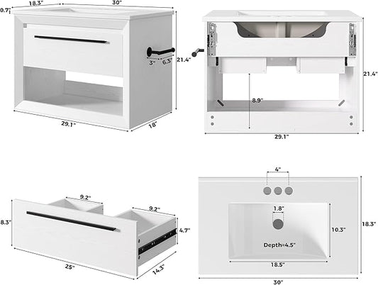 IRONCK 30" Bathroom Vanity with Sink, Wall Mounted Bathroom Vanity with 1 Drawer & 1 Open Shelf, Modern Floating Bathroom Sink Cabinet with Undermount Ceramic Sink, Easy Assembly, White