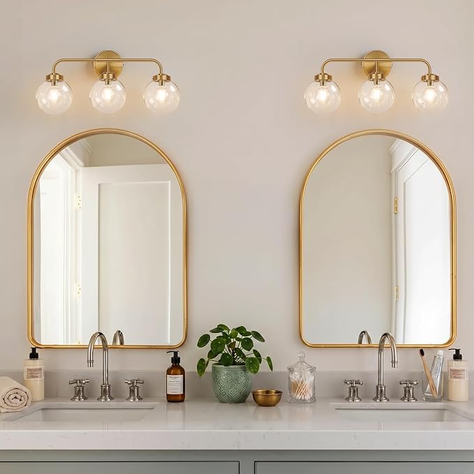 Modern Brushed Gold Vanity Lights for Bathroom, Mid Century 3 Light Bathroom Vanity Light with Globe Clear Glass Shade Over Mirror, Brass Wall Sconce for Bathroom Hallway Living Room Bedroom