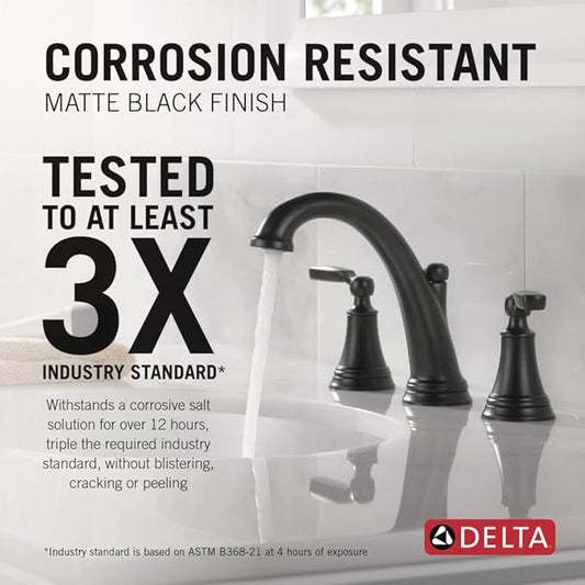 Delta Woodhurst Matte Black Bathroom Faucet 3 Hole, 8 Inch Widespread Bathroom Sink Faucet for Vanity, Metal Push-Pop Drain Assembly, Matte Black 3532LF-BLMPU