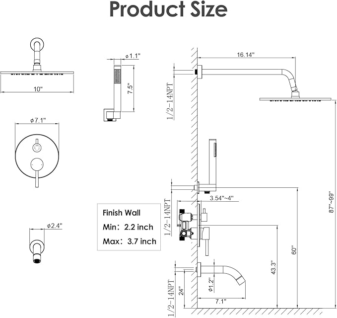 Gabrylly Shower System with Tub Spout, Bathtub Shower Faucets Set with 3-Way Shower Valve, High Pressure 10" Rain Shower head with Handheld Spray Combo, Wall Mounted Rainfall Shower Head Set, Chrome