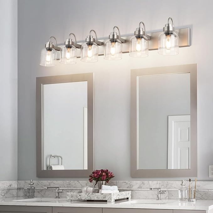 PRESDE Brushed Nickel 6 Light Bathroom Vanity Light for Bathroom Light Fixtures Over Mirror with Bubble Glass Globes Bath Vanity Lighting