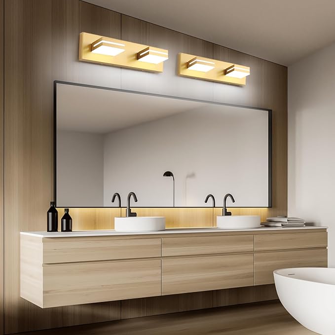 SineRise LED Modern Bathroom Vanity Light Fixtures, Modern Acrylic Bathroom Wall Lighting Fixtures Over Mirror, 2-Light, 15.5-Inch, Gold, White