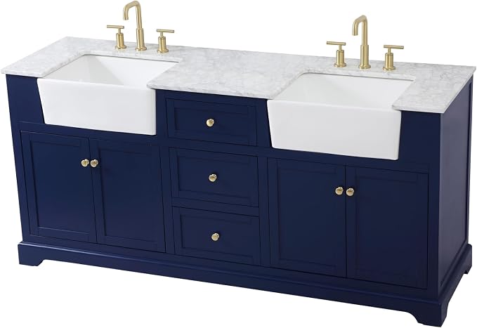 72" Pre-Assembled Bathroom Vanity with Sink, Solid Birch and MDF, Carrara White Marble Countertop Attached, Double Rectangle Porcelain Sink, 3 Soft-Close Drawers, Blue