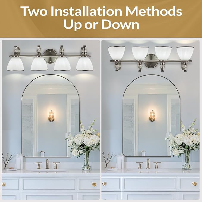 Bathroom Light Fixtures Over Mirror, 4-Light Brushed Nickel Vanity Lights for Bathroom, 27.8 Inch Vintage Wall Sconce with Milk White Bell Glass Shades, Rustproof Silver Finish, E26 Base