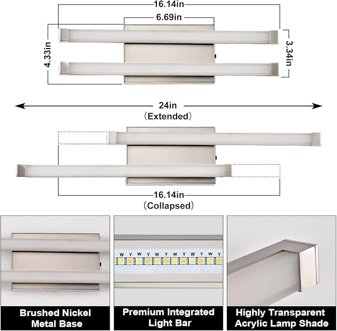 Bathroom Vanity Light Bar, 24 Inch 18W 3CCT Dimmable Modern LED Vanity Wall Light, Brushed Nickel Acrylic Hardwired Bathroom Light Fixtures over Mirror, Powder Room, Hallway, Washroom, Bath Entryway