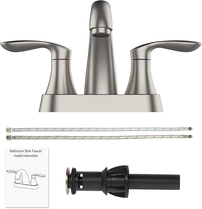 Bathroom Faucet, 4 Inch Bathroom Faucets for Sink 3 Hole, Centerset Bathroom Sink Faucet with Pop Up Drain and cUPC Lead-Free Hose(Brushed Nickel)