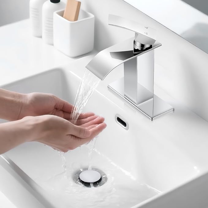 Polished Chrome Bathroom Faucet with Waterfall Spout & Pop-up Drain | SUS 304 Stainless Steel, Single Handle, 1 Or 3 Hole Sink, RV Vanity, Deck Plate, Supply Hoses, NSF372 NSF61 cUPC