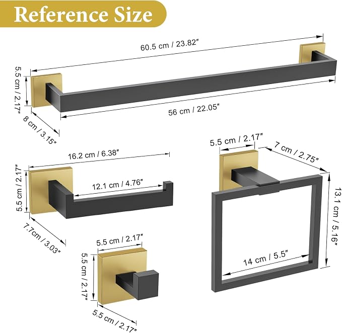 TURS 5-Piece Bathroom Hardware Set Matte Black and Gold Towel Bar Set Bath Towel Holder Sets SUS 304 Stainless Steel Wall Mounted Towel Rack Sets for Bathroom.