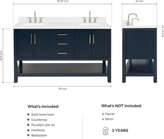 ARIEL Magnolia 60-inch Bathroom Vanity with Sink,Solid Wood, 1.5-inch Carrara White Quartz Countertop, Double Rectangular Porcelain Sink, 4 Soft Closing Doors, 3 Dovetail Drawers, Midnight Blue
