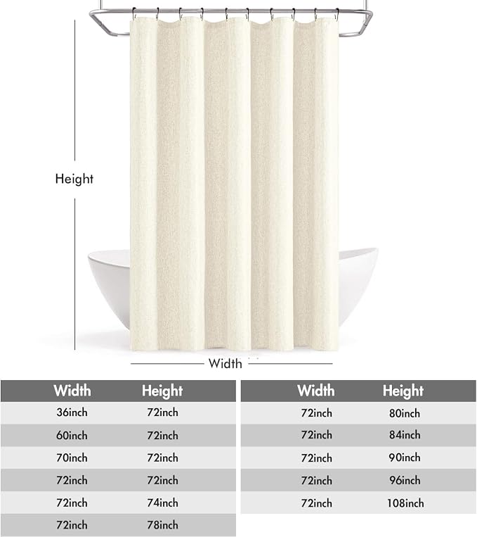 ANRODUO Ivory Linen Textured Fabric Shower Curtain Set - W60xL72 | Farmhouse Shower Curtain with 10 Metal Hooks, Waterproof Heavy Duty, Button Hole Design, Machine Washable for Bathroom
