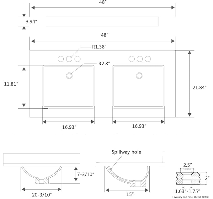 48"x22" Vanity Top with Sink, Engineered Stone Vanity Top with Rectangular Undermount Ceramic Double Sink, 8 Inch Faucet Hole Spacing with Backsplash Countertops for Bathroom