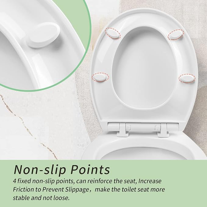 Toilet seat Round with Slow Close Hinges, Four Bumpers, Two Sets of Parts, White Toilet seat Round, Slow Close, Never Loosen and Easily Remove, Plastic, White
