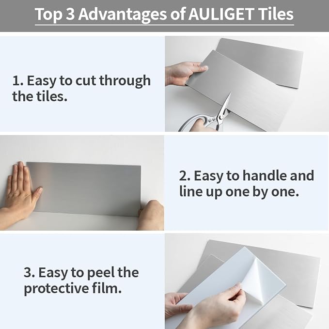 AULIGET 2-Piece Stainless Steel Look Peel and Stick Backsplash Tile, 6" x 12" Silver Aluminum Stick on Tiles for Backsplash Kitchen (Non-Magnetic)