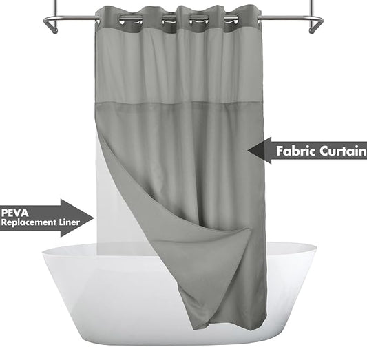 River Dream No Hook Shower Curtain with Snap-in Liner Set, Dark Gray, 71x74 | Snap on/off Waterproof PEVA Liner, See Through Top Window, Slub Textured, Hotel Style Shower Curtain Set, Standard Size