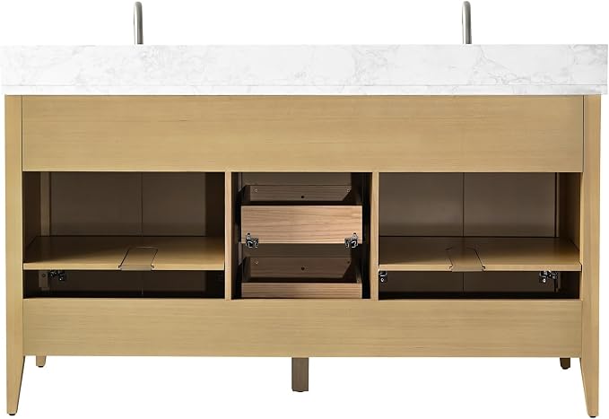 Vanity Art 60 inch Bathroom Vanity with Double Sink & Ceramic Top, Vanity Cabinet with Soft-Closing Door, Solid Wood Frame, Linear Pattern, Natural Oak, Golden Brushed Handware VA9160-DNO-GB