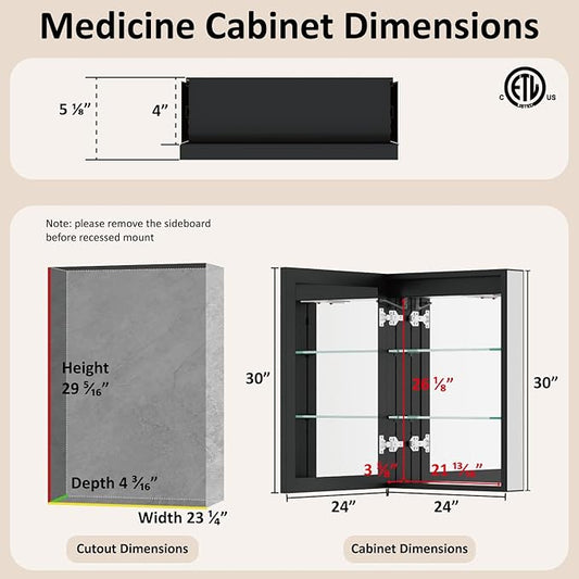 24x30 Inch Medicine Cabinet with Mirror, Recessed or Surface Mount Bathroom Medicine Cabinet with LED Lights, Anti-Fog, Adjustable Shelf, Dimmable Light, Outlets & USB,ETL Listed, Left Hinge,Black
