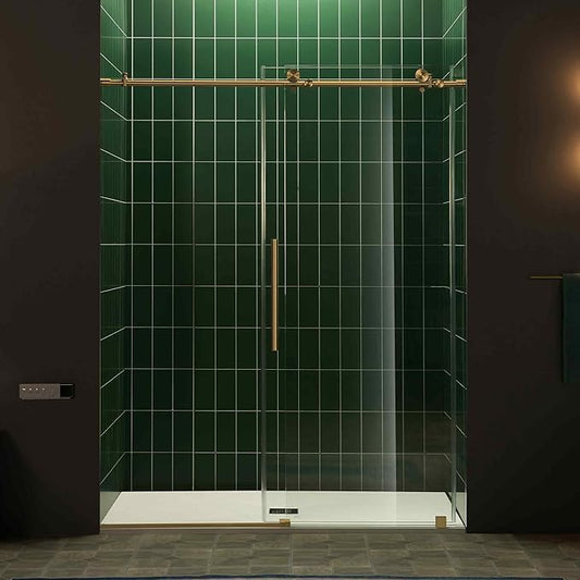 Woodbridge 56-60" W x 80" H Frameless Single Sliding Shower Door with Tempered Glass & Explosion Proof Film in Brushed Gold Finish