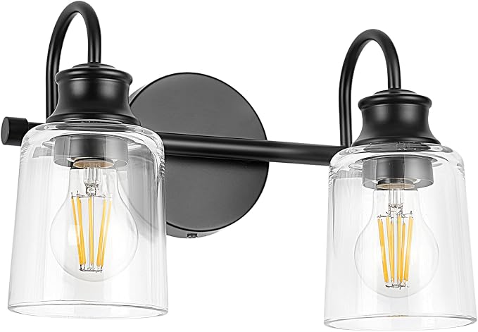 2 Lights Bathroom Light Fixtures Modern Black Vanity Lights | ETL Certificate, Easy to Install,Wall Mount Up or Down,Thickened Glass Lampshade,E26 Socket,Hardwired