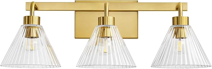 AIJIASI Modern Bathroom Vanity Light 3-Light Brushed Gold Bathroom Light Fixtures with Ribbed Glass Shade 24 Inch Up/Down Mount Vanity Lighting Fixtures Over Mirror for Bath Bedroom Makeup