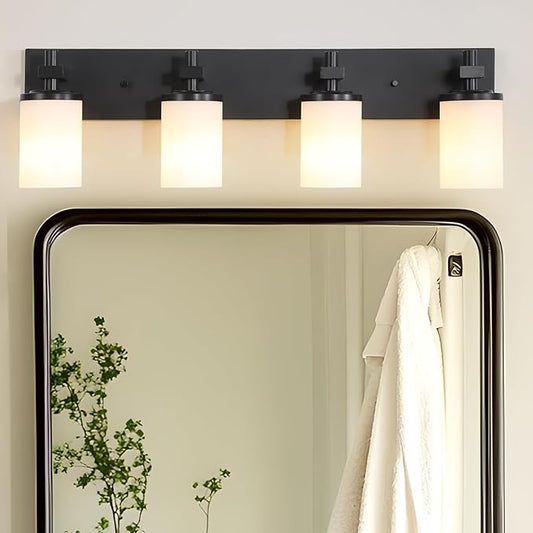 LOUSACE Bathroom Lighting Fixtures Over Mirror 4 Light Bathroom Vanity Lights Matte Black, Wall Vanity Lighting Fixture with Opal White Glass Shades for Vanity Cabinet