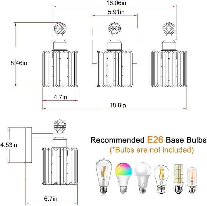 Lxybcce Bathroom Vanity Lights Over Mirror - Easy Installation with Clear Guide, 3-Light Shadow-Free Design, Black and Gold Crystal Finish - for Modern Home Bathroom Lighting Fixtures in DIY Projects