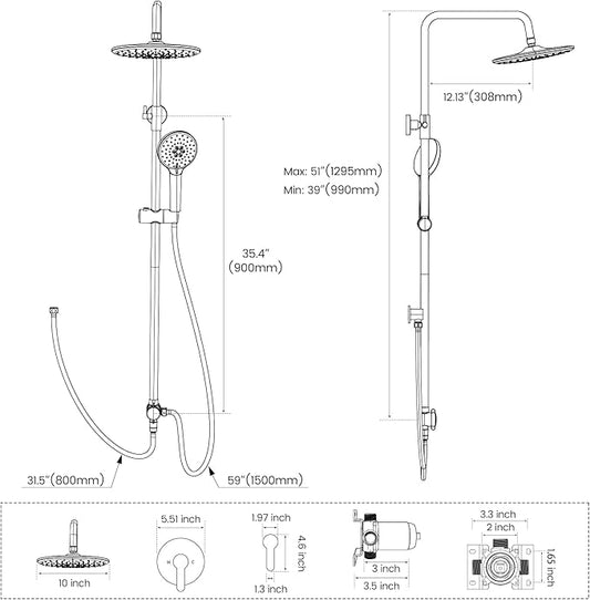 Hurran Shower System with 10 Inch Rain Shower Head and Handheld Sprayer, 3-Function Wall Mounted Bathroom Shower Faucet Set Height Adjustable Holder, Modern Shower Trim Kit Valve Included, Matte Black