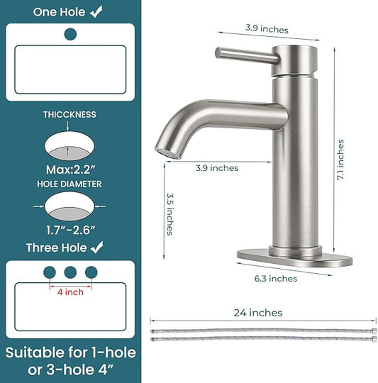Bathroom Faucets Brushed Nickel Bathroom Sink Faucet Modern Single Handle Bathroom Faucet for 1 or 3 Hole Mxier Tap Washbasin Faucet with Deck, Pop-up Drain and Supply Hoses