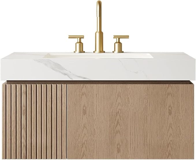 KEIKI 36 Inch Floating Bathroom Vanity with Sink, Light Brown & White | Modern Wall Mounted Storage Cabinet w/ Drawer & Door, Pre-assembled Wood Panels, Sintered Stone Top & Ceramic Basin Combo Set