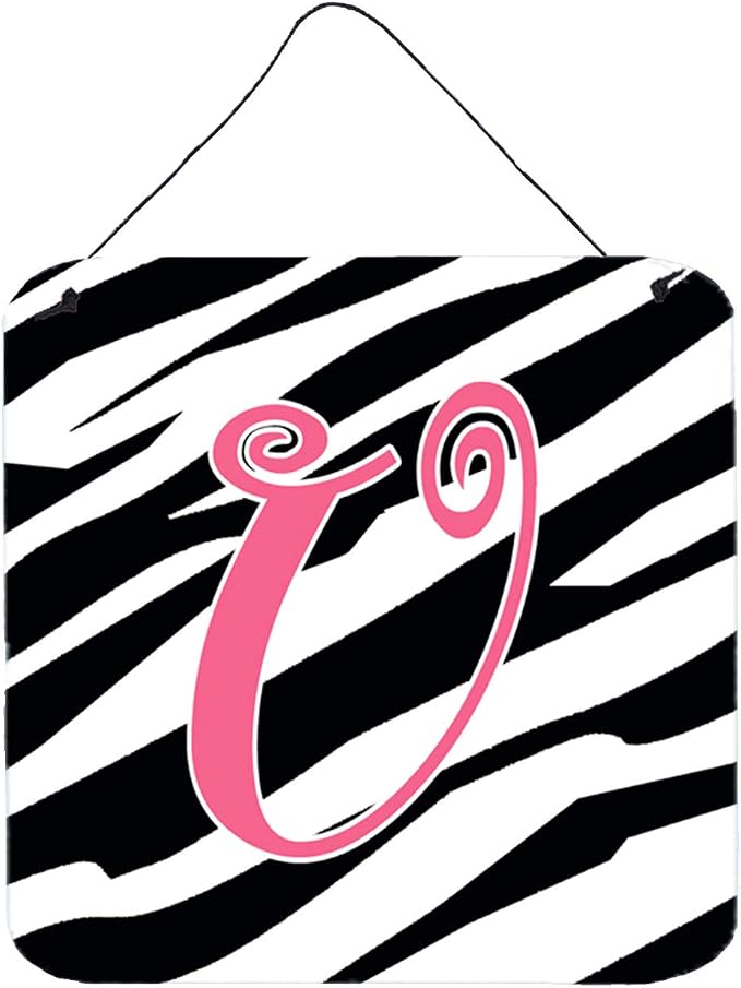 Caroline's Treasures CJ1037-UDS66 Letter U Initial Zebra Stripe and Pink Wall or Door Hanging Prints Aluminum Metal Sign Kitchen Wall Bar Bathroom Plaque Home Decor, 6x6, Multicolor