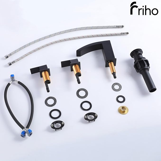Friho Matte Black Bathroom Faucets 3 Hole, 8 Inch Widespread 2 Handle Square Waterfall Bathroom Sink Faucets with Pop-up Drain and Supply Lines, Vanity Faucet Suitable for Lavatory Restroom RV