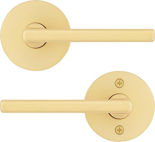 Kwikset Halifax Interior Passage Door Handle, Lever for Closet and Hallway Doors, Reversible Non-Locking Handle Lever, Satin Brass, with Microban Protection