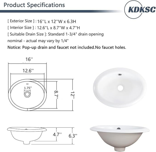Bathroom Vessel Sink 16" X 12" Semi Recessed Bathroom Sink Oval White | Drop In Sink with Overflow Ceramic Modern Vessel Sinks for Bathroom