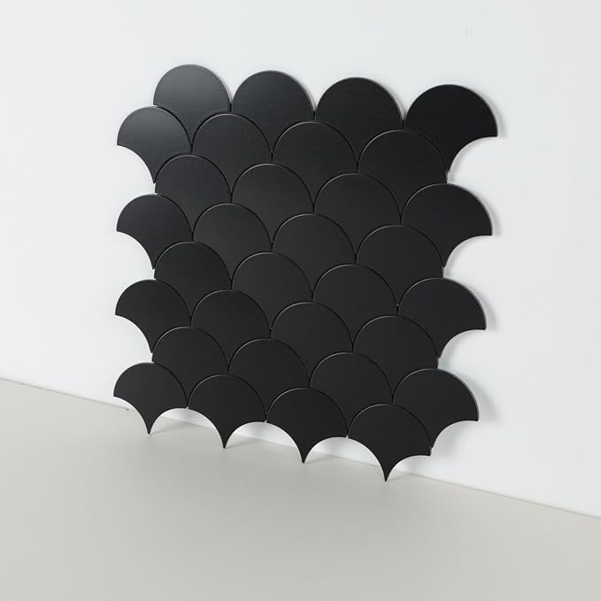 Fish Scale Black Peel and Stick Backsplash Tile, Fan Mosaic Self Adhesive Wall Tiles for Kitchen Bathroom-6 Sheet