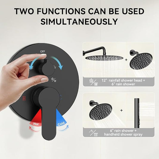 Shower Systems STARBATH 12+6" Round Dual Rainfall Shower Head with Handheld Spray for Two People, Wall Mounted 3 Way Rain Shower Faucet Sets Complete, Included Valve and Trim Kit, Matte Black