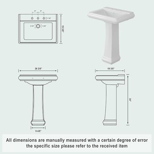 Bathroom Pedestal Sink 26 X 20 Inch | Ceramic Basin with Backsplash, 3 Faucet Holes (8 Inch Widespread), Space-Saving Design for Small Bathrooms