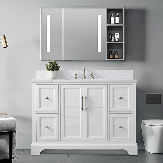 HOMEBEYOND 48 Inch Bathroom Vanity with Single Sink & Ceramic Top, Vanity Cabinet with Center Countertop Basin, Soft-Closing Doors, Backsplash,White