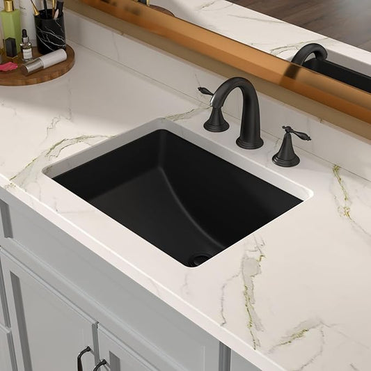 Lordear Undermount Bathroom Sink 18x14 Inch Black Rectangle Porcelain Ceramic Bathroom Sinks Deep Basin with Overflow Lavatory Vanity Sink Mounted Under
