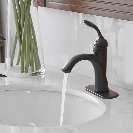 BWE Black Bathroom Faucet Single Hole with Pop Up Drain Assembly with Overflow and Supply Line Single Handle Matte Bathroom Sink Faucet Lavatory Basin Mix Tap