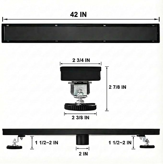 Linear Shower Floor Drain, Black 42 Inch 304 Stainless Steel Bathroom Drains Kit, Rectangular Shower Trench Drain with Reversable Tile-in Pattern Drain Cover & Hair Catcher